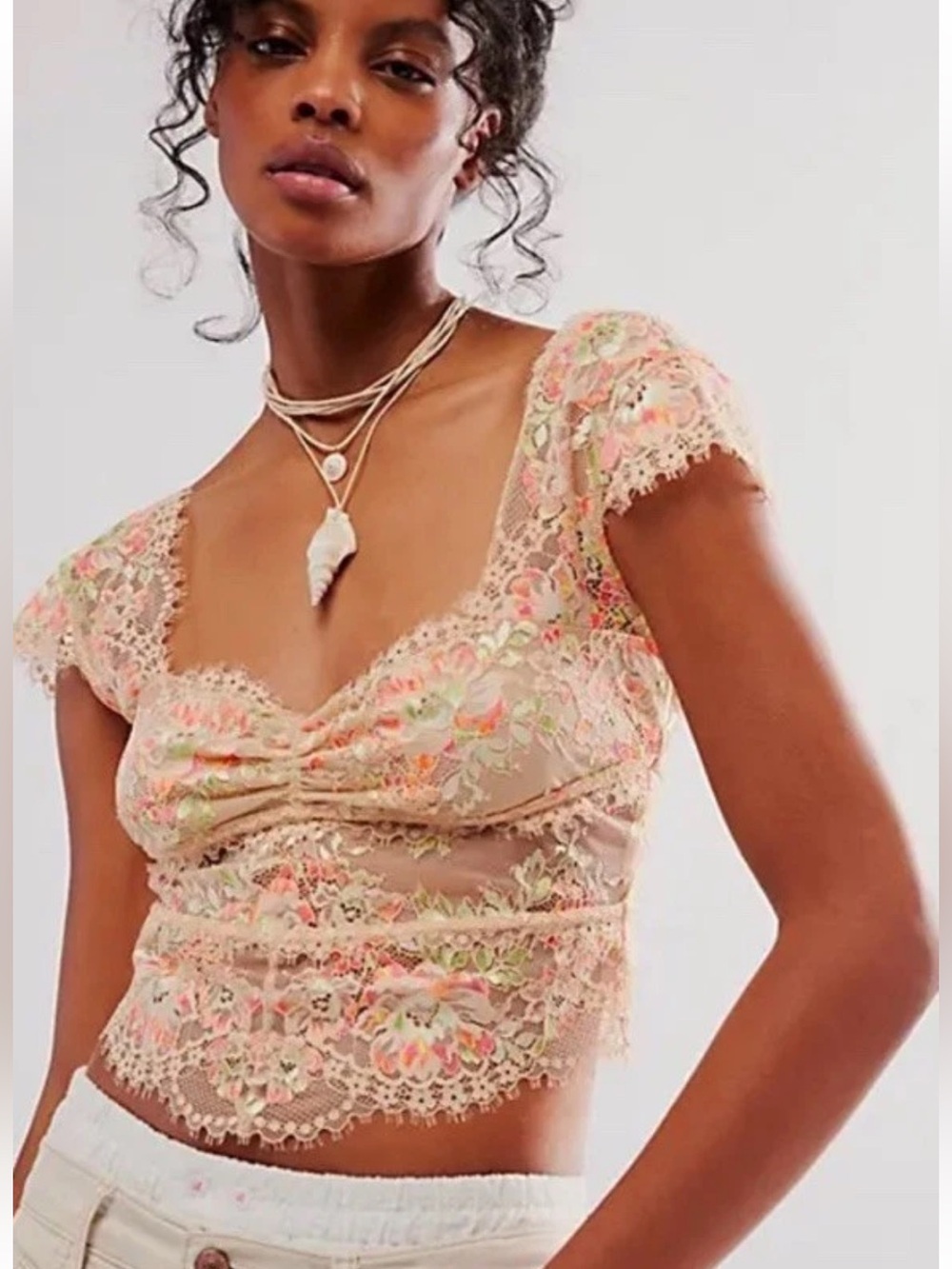 🆕 Free People Intimately Garden Party Sheer Lace Tee Cap Sleeve Peach Small